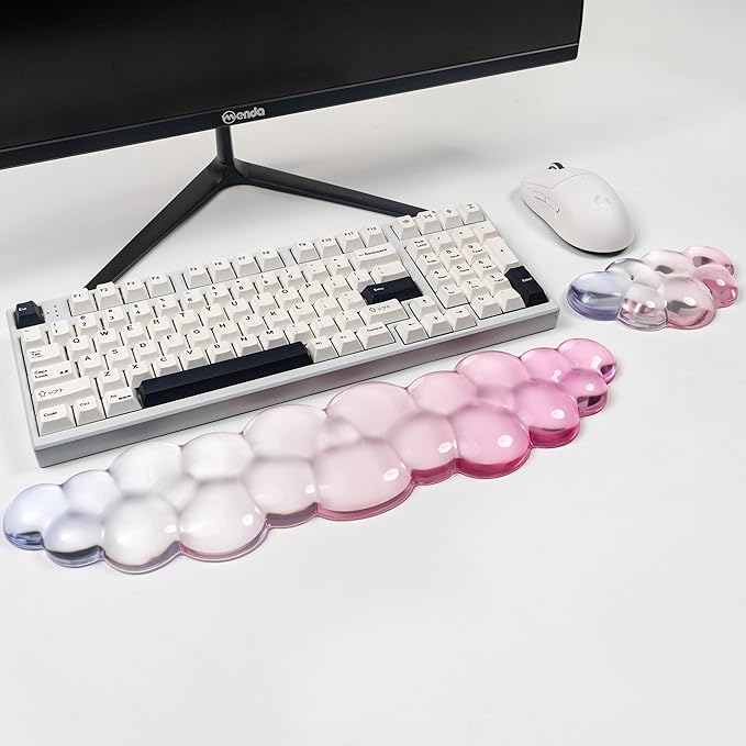 Ergonomic Cloud Silicone Gel Keyboard and Mouse Wrist Rest Set – Clear Wrist Rest for Computer Keyboard 60%/68%/75%, Comfort & Support for Typing and Gaming (Light Pink Blue)