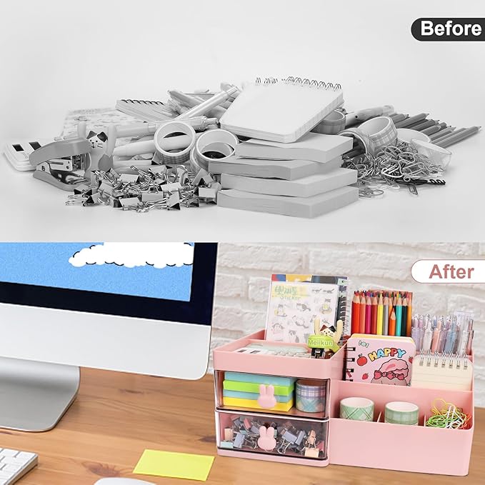 Desk Organizer, Makeup Organizer with 2 Drawers, 7 Compartment & a Top Tray, Desktop Organizers and Storage for Women, Cute Home organization Bathroom, 11" x 5.7" x 4.7" (Pink)