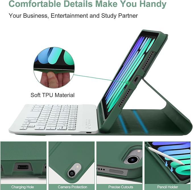 BORIYUAN iPad mini 6 Keyboard Case 2021, Detachable Wireless Bluetooth Keyboard Slim Folio Smart Cover with Build-in Pencil Holder for iPad mini 6th Generation 8.3 inch – Dark Green