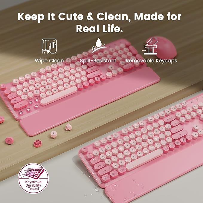 Wireless Keyboard and Mouse Combo with Magnetic Wrist Rest & Round Keycaps, Full-Size Retro Typewriter-Style, Adjustable Tilt Legs, Auto-Sleep, 2.4G Wireless for Windows Mac Laptop PC - Bubblegum Pink