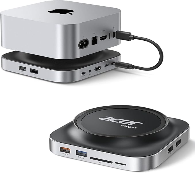 Acer Gadget Mac Mini M4 Dock, 8TB M.2 NVMe/SATA SSD Enclosure & Stand, 4K@144Hz HDMI, 10Gbps USB-C & USB-A Hub, SD/TF Card Reader, 3.5mm Audio, Aluminum Docking Station for Mac Mini M4 & M4 Pro, Black