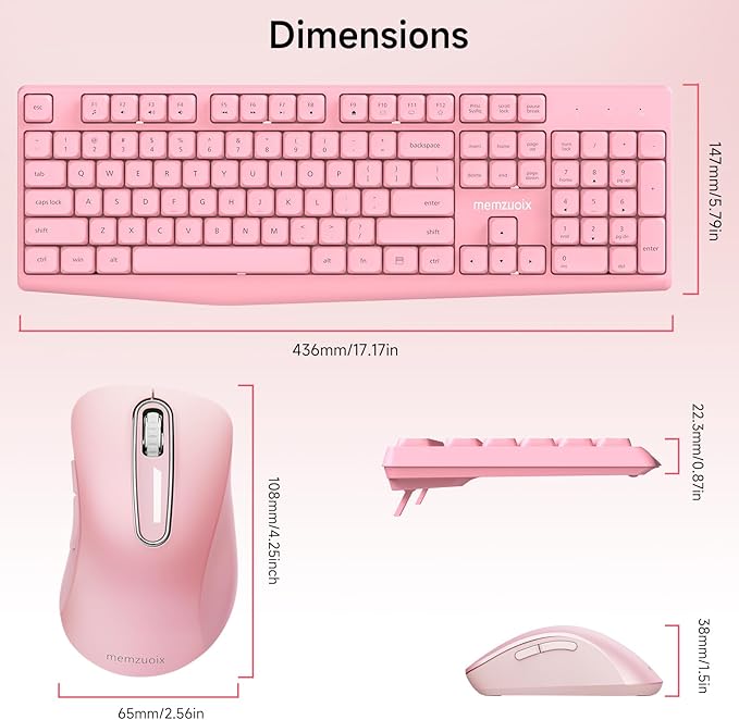 Wireless Keyboard and Mouse Combo, memzuoix 2.4G Full-Size Ergonomic Keyboard Mouse Set, Lag-Free Cordless One USB Receiver for PC, Laptop, Windows, Mac (Pink Keyboard + Pink Mouse)