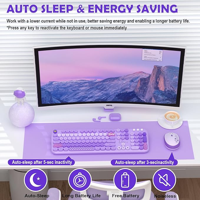 Wireless Keyboard and Mouse Combo, 104 Keys Cute Colorful Keyboard and Mouse with Retro Typewriter for PC/Mac/Laptop/Tablet/Computer/Windows Microsoft, Purple