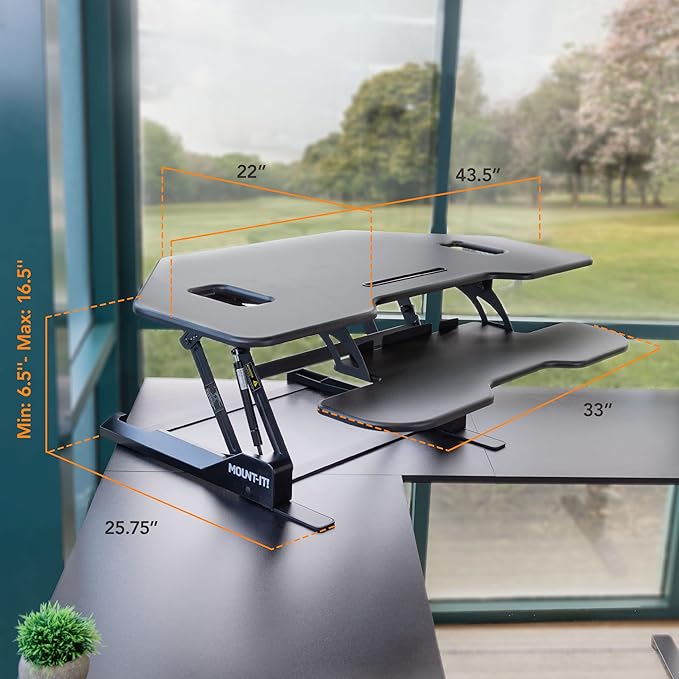 Mount-It! Corner Standing Desk Converter | Height Adjustable 43” Wide Desktop | Corner Stand Up Desk with Gas Spring Handle | Stand Up Computer Workstation with Ergonomic Keyboard Tray | Black