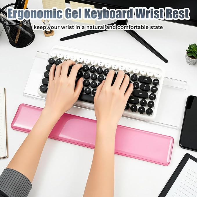 Acrylic Computer Keyboard Stand with Gel Wrist Rest Set,Ergonomic Keyboard Riser for Desk Easy Typing with Gel Keyboard Pad, Anti-Slip Comfort Keyboard Wrist Pad Relief Pain (Pink)