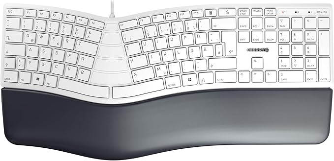 CHERRY KC 4500 Ergo, Ergonomic Keyboard, German Layout (QWERTZ), Wired, Wrist Rest with Memory Foam, Curved Keypad, White/Grey