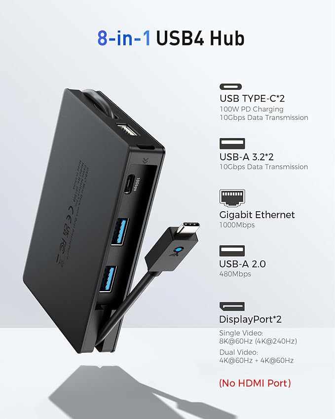 Cable Matters 8-in-1 Portable 40Gbps USB4 Hub (USB 4 Dock) Dual DisplayPort 4K@60Hz, Single DP 4K@240Hz/8K@60Hz, 100W PD, Gigabit Ethernet, Limited macOS Display Support, Thunderbolt 4 Compatible