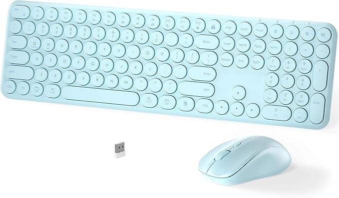 Wireless Keyboard and Mouse Set – MPTOG Full-Sized 110Pcs Slim Round Key Design, Quiet Typing, Adjustable DPI Ergonomic Mouse, Wireless Combo for PC, Mac, Laptop, Tablets(Crystal Blue)