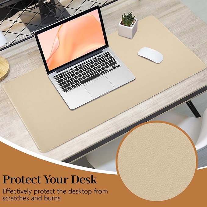 Beige Leather Desk Mat Large Mouse Pad, Waterproof Desk Pad for Keyboard and Mouse, Non-Slip Computer Desk Protector, Smooth Mouse Movement Desk Mat for Home and Office(31.5"×15.7")