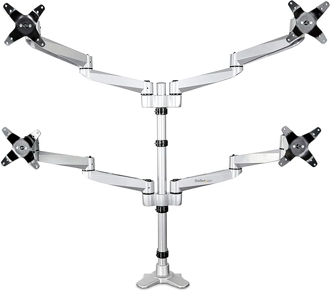 StarTech.com Desk Mount Quad Monitor Arm, Premium Articulating VESA 4X Monitor Mount 2x2 up to 30" (24.8lb/11.3kg), Height Adjustable Pole, Tilt Swivel Rotate, Clamp or Grommet Base, TAA