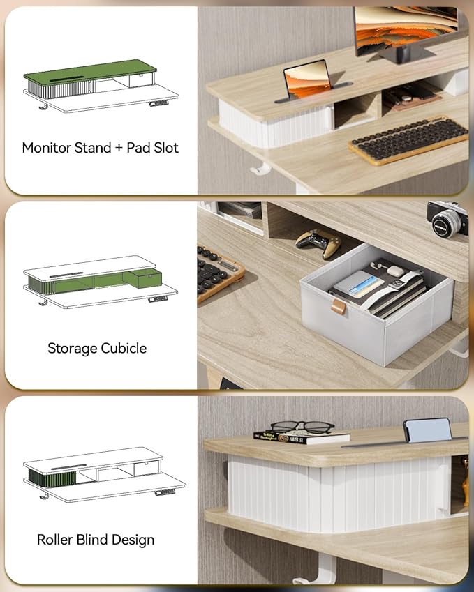 JOY worker Small Electric Standing Desk, 35" x 25" Height Adjustable Desk with Built-in Monitor Stand & Storage Drawer, White Sit Stand Desk with 2 Hooks for Home Office, Light Walnut