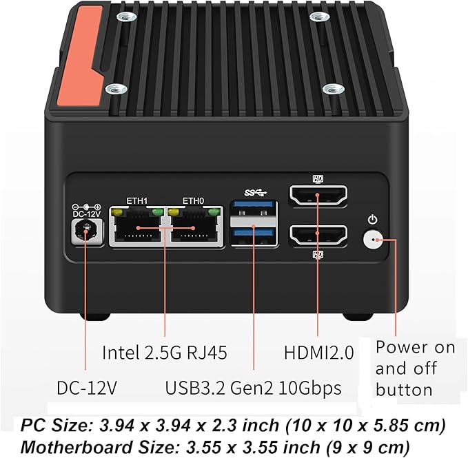 StoneStorm 4-Bay NAS Mini PC Dual 2.5GbE i226-v LAN Ports, N355 with DDR5 MAX 48GB, 4 M.2 NVMe 2280, Dual 4K Display, 2 USB3.2 10Gbps for Micro Firewall Router/Pocket Computer (Barebone)
