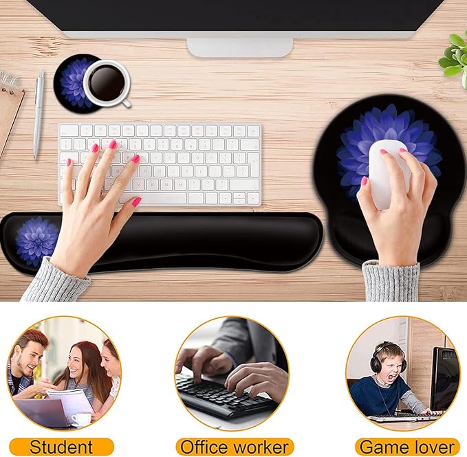 Keyboard Wrist Rest and Mouse Pad with Wrist Support, Ergonomic Gel Mouse Pad Coaster, Comfortable Lightweight for Easy Typing Pain Relief, Memory Foam Keyboard Mousepad Set,Purple Flowers