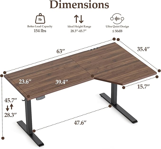 Klicelor 63 Inch L Shaped Standing Desk, Adjustable Height Corner Desk for Home Office Workstation, Sit Stand Desk with Two-Piece Desktop, Dark Walnut