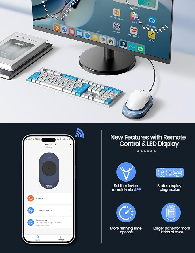 Vaydeer M4 Utra Mouse Mover with APP, Undetectable Mouse Jiggler Device with Remote Control and Timer Function, Driver-Free Shaker Wiggler Mouse Movement Simulation for Computer Awakening-Sky Blue