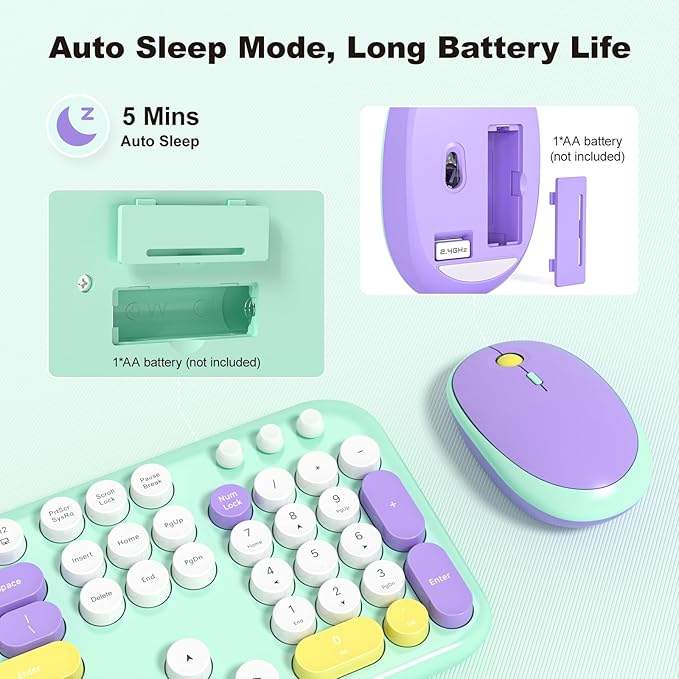 Wireless Keyboard and Mouse Set, SQMD Typewriter Full Size Keyboard with Number Pad, 2.4G USB Cute Typewriter Keyboard and Mouse Combo, for Windows 7/8/10, Laptop, Desktop, PC - Blue Colorful