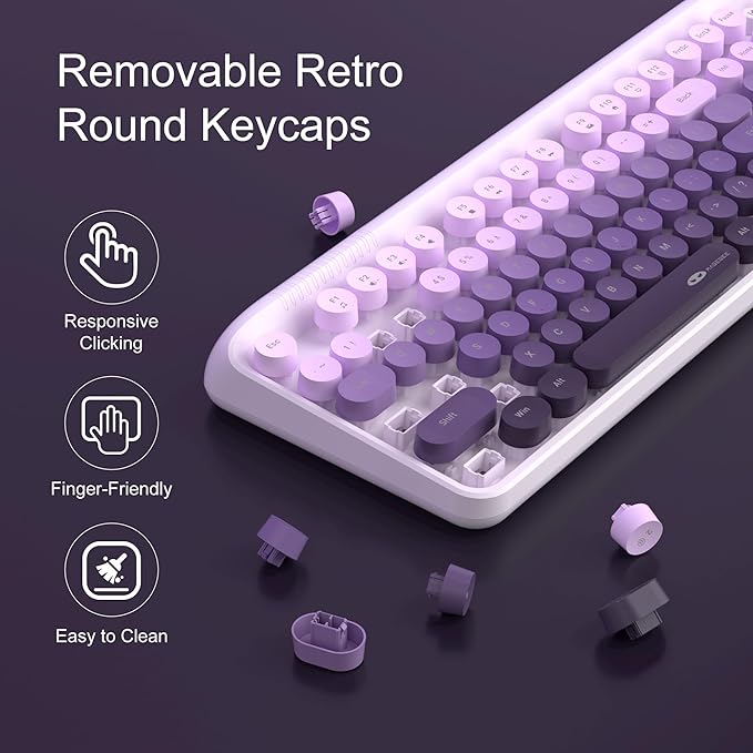 MageGee V920 Wireless Keyboard and Mouse Combo, 2.4G Full-Sized Retro Typewriter Keyboard with Round Keycaps & Auto-Sleep Mode, Cute Computer Keyboard and Cordless Optical Mouse for Laptop/PC (Purple)
