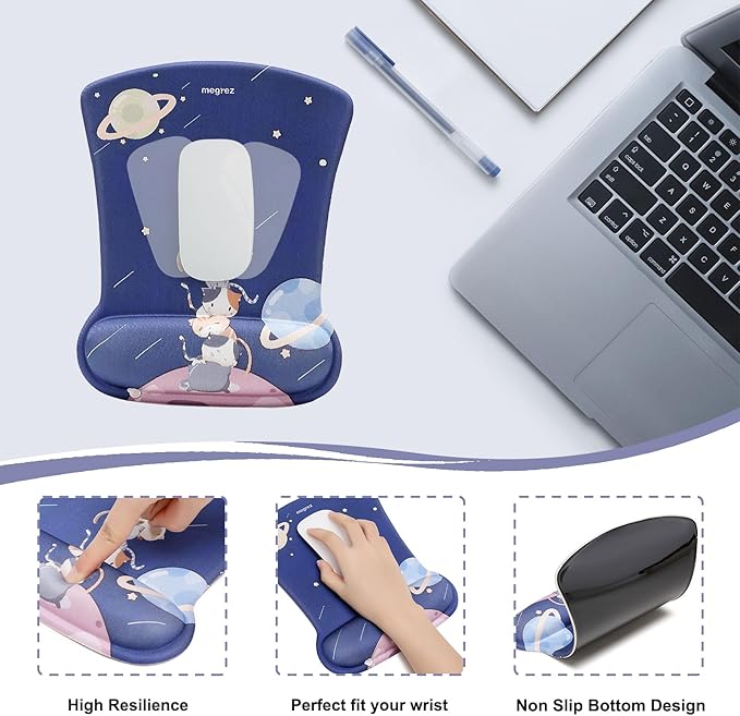 MEGREZ 4-in-1 Ergonomic Memory Foam Wrist Rest Set, Desk Pad, Mouse Pad with Wrist Rest, Keyboard Pad, Suitable for Office Workers, Programmers & Gamers–Relieve Typing & Gaming Fatigue, Cat Planet