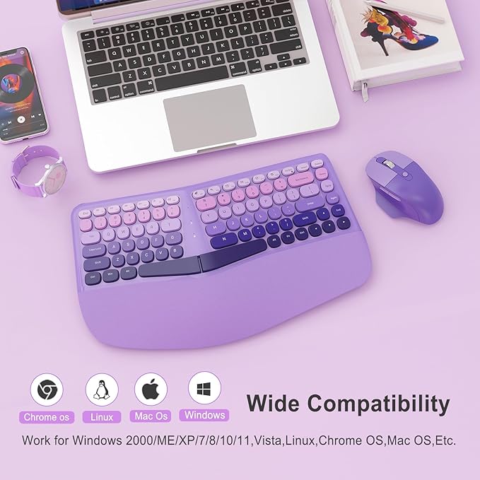 Ergonomic Wireless Keyboard and Mouse, Mechanical Gaming Set with Wrist Rest & OTG & Brush Ideal for Windows PC, Home, Office and College Purple