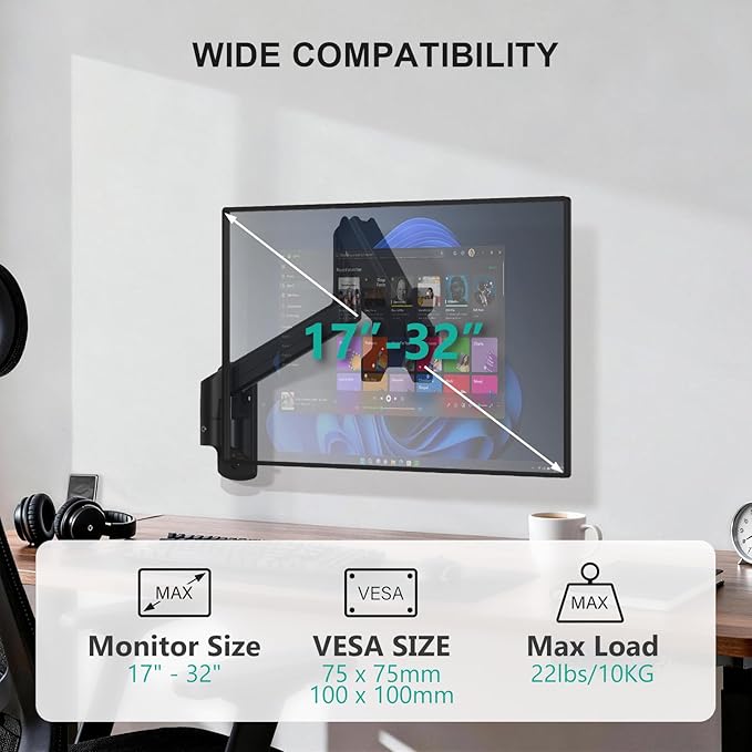 WALI Computer Monitor Wall Mount for 17 to 32 Inch Screens, Single Monitors Mount Holds up to 22lbs, Fully Adjustable Gas Spring Wall Mount Monitor Arm, 75x75/100x100mm VESA Mount (GSWM001), Black