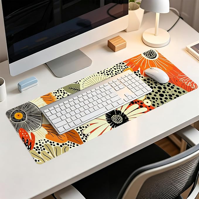 Boho Mid-Century Modern Floral Mouse Pad,XL Large Art Aesthetic Retro Abstract Flower Desk Mat,Summer Colorful Botanical Flower Mousepad for Home Office Dorm Desktop Decor,31.5x11.8 Inch