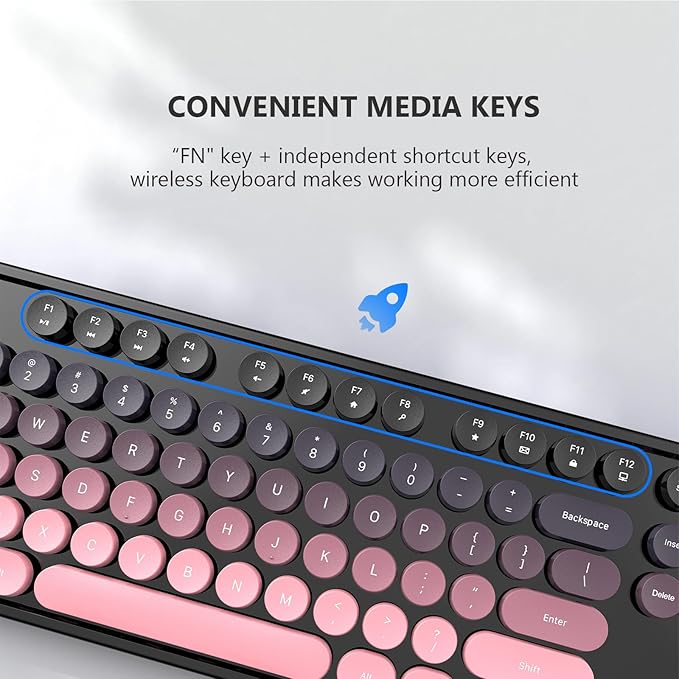 MOFII Wireless Keyboard and Mouse Combo, 2.4 GHz Full-Size Retro Round Keyboard and Mouse, Plug and Play, 8 Multimedia & Shortcut Keys for Mac, Windows, Laptop/Desktop/PC - Pink Gradient