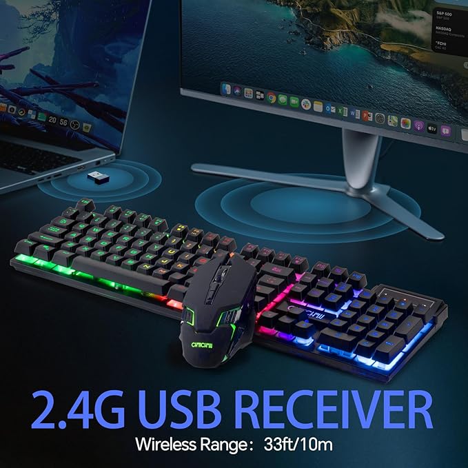 CHONCHOW Wireless Keyboard and Mouse Combo - 2.4G Rechargeable USB Rainbow LED Backlit Wireless Gaming Keyboard,Anti-ghosting Multimedia Keys Mechanical Feel for PC Laptops PS Xbox