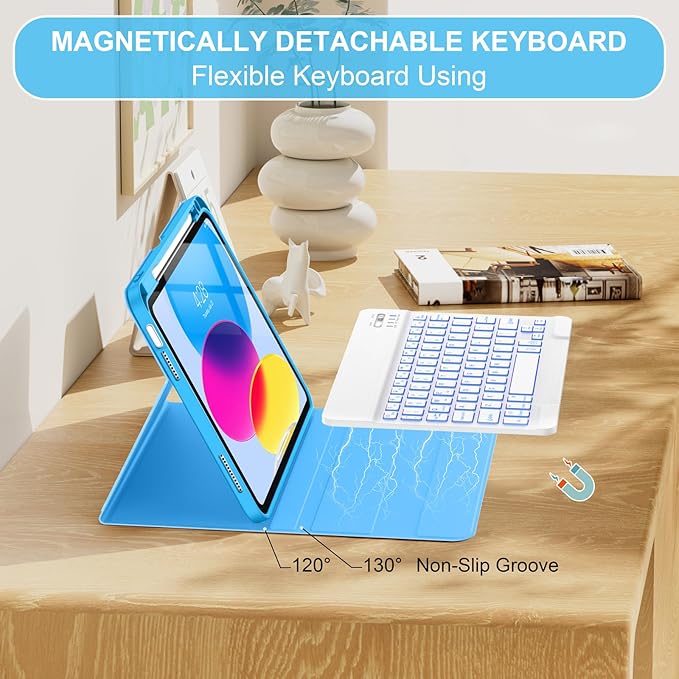 Soke for iPad (A16) 11th/10th Generation Case with Keyboard(2025/2022)-7 Color Backlight Wireless Detachable Folio Keyboard Cover with Built-in Pencil Holder for iPad 11/10.9 inch, Blue Marble