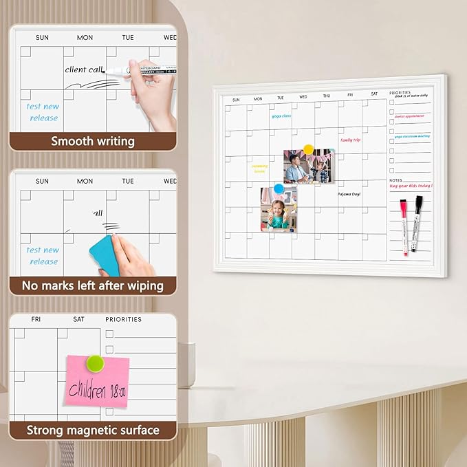 DOLLAR BOSS Magnetic White Board Calendar 24''x 18'', Monthly Dry Erase Planner for Wall with White Wood Style Frame for Office, School, Dorm, Home Decor