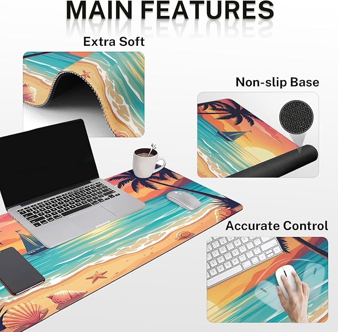 Arttown Ocean Beach Sailboat Desk Mat Tropical Mouse Pad Set 4 in 1 Ergonomic Design Large Mouse Pad + Keyboard Wrist Rest + Mouse Wrist Rest + Coaster Suitable for Home Office Study Game