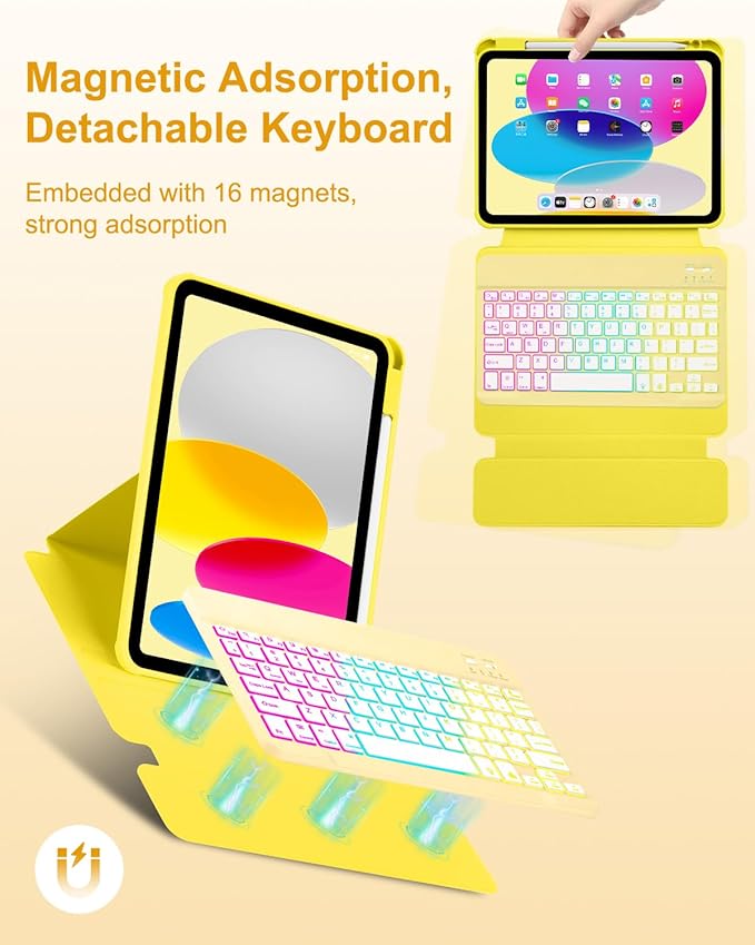 Case with Keyboard Mouse for iPad A16 11th 10th Generation 11/10.9 inch,Rainbow Backlit Detachable Keypad Rotatable Magnetic Cover with Pencil Holder for iPad 11 2025 10 Gen 2022 Yellow