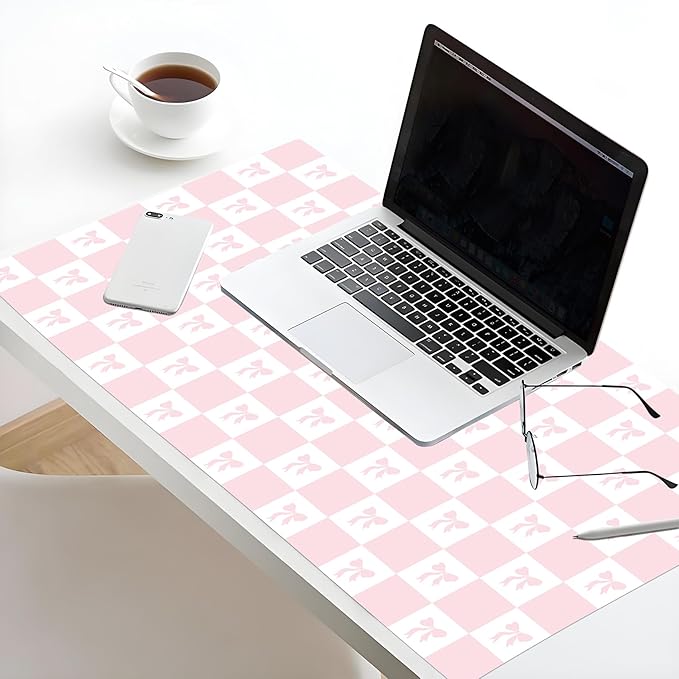 HVEST Pink Checkered Mouse Pad Cute Bow Desk Mat XXL Large Gaming Mouse Pad for Computer Keyboard Laptop, Mousepad with Stitched Edges, Home Office Desk Accessories for Girl Women 31.5'' x 15.7''