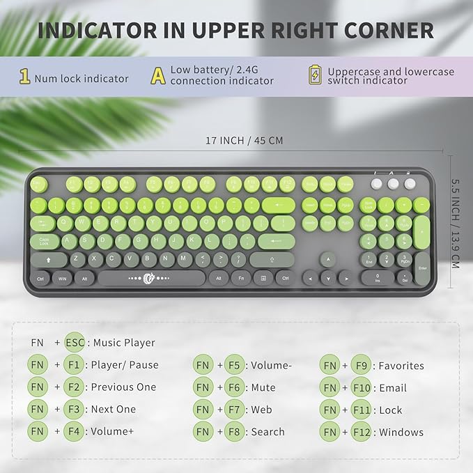 Wireless Keyboard and Mouse Combo - Cute Colorful Keyboard and Mouse, Retro Typewriter Keyboard with 2.4GHz Plug & Play, for Windows 11/10/7, Laptop, PC (V2020-Green)
