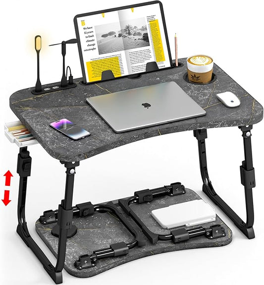 Lap Desk for Bed Adjustable Height, Foldable Bed Table with Storage Drawer, Tablet Slot & Cup Holder, Portable Laptop Stand for Bed & Sofa, Bed Desk for Adults & Kids, Deep Stone Color