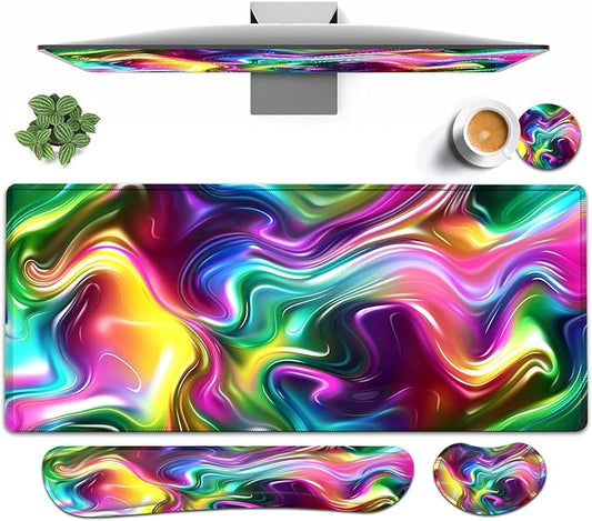 Large Mouse pad and Keyboard Support Set, Ergonomic Memory Foam Keyboard Wrist Rest, Extended Gaming Mouse Pad with Stitched Edges, Colored Gilt XXL Desk Mat (31.5 X 11.8 in)