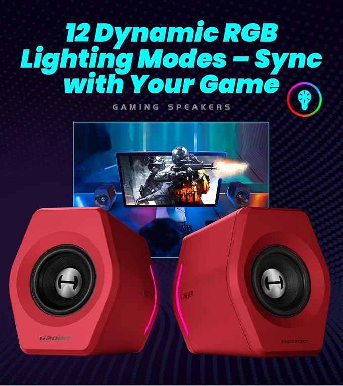 Edifier G2000 RGB Gaming Speakers, 32W Peak Power, Compact Design for PC/PS4/Desktop, Bluetooth 5.1, 3.5mm AUX, Game/Movie/Music Modes, 12 RGB Lighting Effects - Red