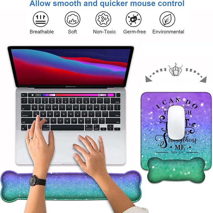 Wrist Rest Support Ergonomic Gel Mouse Pad & Memory Foam Keyboard Set, Non-Slip Rubber PU Base for Home Office Working Studying Easy Typing & Pain Relief, Quote Bible Verse Phil 4:13