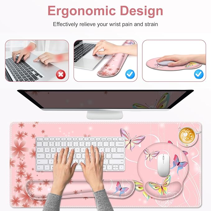 Peach Pink Butterflies Florals Mouse Pad, XXL Large Desk Mat Extended Reading Desk pad, 4 PCS Non-Slip Rubber Base Computer Big Mousepads for Work, Game, Office, Home Decor Cute Girls Woemn Gifts