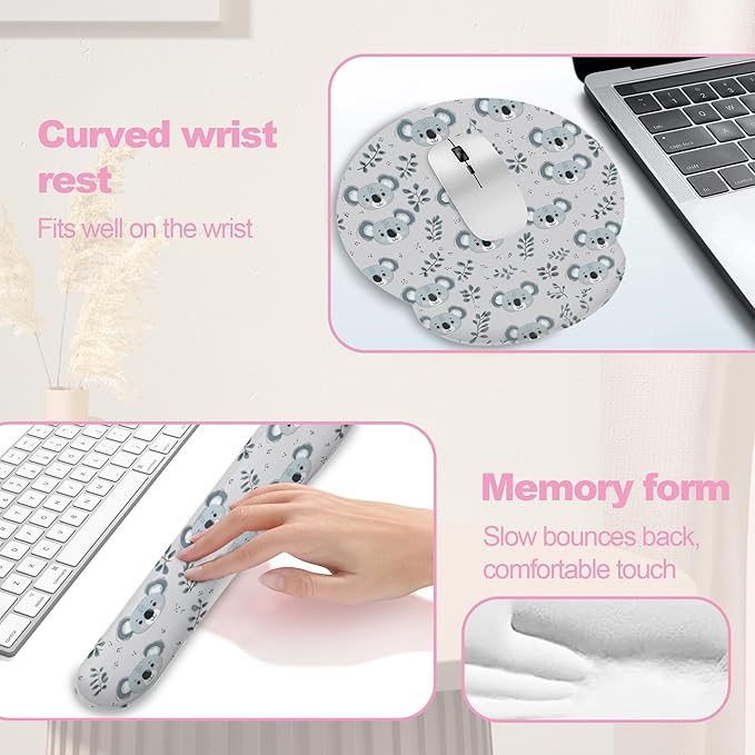 Cute Koala Eucalyptus Leaf Keyboard Wrist Rest Pad Mouse Pad Set,Ergonomic Mousepad Wrist Support Memory Foam Desk Pad for Gaming Office,Non-Slip Rubber Base Easy Typing for Home Office Computers