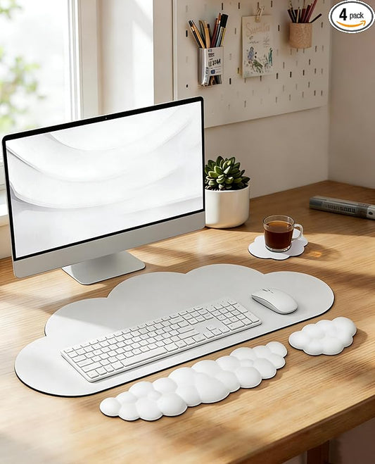 JIKIOU Large Cloud Mouse Pad Waterproof with Cloud Keyboard Wrist Pad and Cloud Mouse Wrist Pad Set, Ergonomic Computer Desk Wrist Support Mousepad for Keyboard and Mouse White