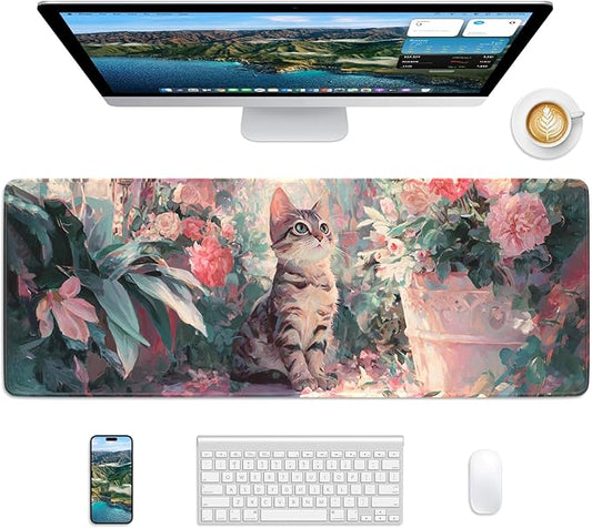 Pink Cat Mouse Pad, 31.5 x 11.8 Large Desk Mat with Stitched Edges & Non-Slip Base, Mousepad for Office, Home, Work