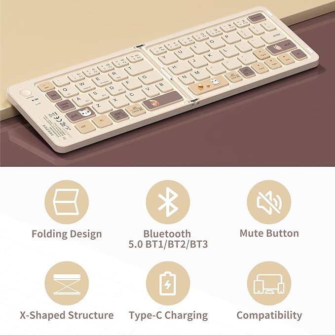 Foldable Mini Bluetooth Keyboard, Portable Compact Wireless Rechargeable Keyboard with 67 Slim Quiet Keys, Cute Pocket-Sized Travel Keyboard for iPad iPhone Android Tablet Mac Windows-Milk Tea Color