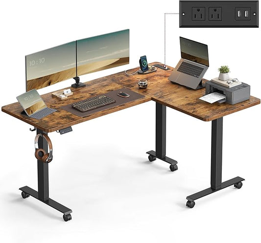 VASAGLE L Shaped Electric Standing Desk, 63 x 47.2 Inches, Height Adjustable Corner Desk with Power Outlets, 2 Memory Buttons, Easy to Assemble, for Home Office, Rustic Brown ULSD242K01