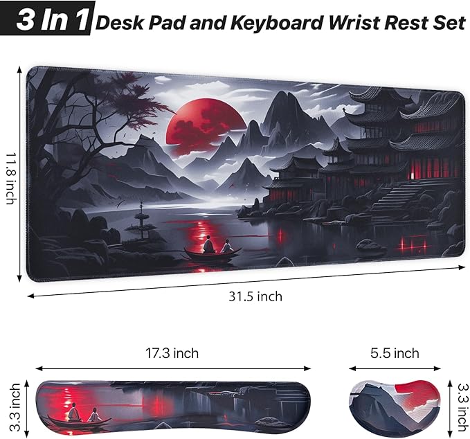 3-in-1 Large Gaming Mouse Pad, Anime Mouse Pad & Keyboard Wrist Rest Support, Memory Foam Ergonomic, Japanese Red Moon Desk Mat Set for Home Office Study Game, 31.5 X 11.8 Inch