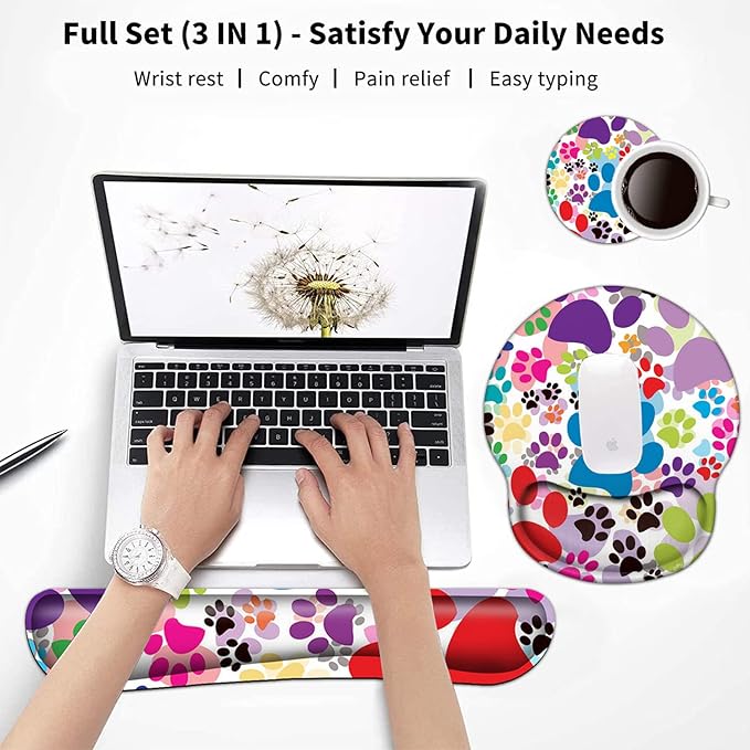 Keyboard Wrist Rest and Mouse Pad with Wrist Support, Ergonomic Gel Mouse Pad Coaster, Comfortable Lightweight for Easy Typing Pain Relief, Memory Foam Keyboard Mousepad Set,Colorful Dog Paw