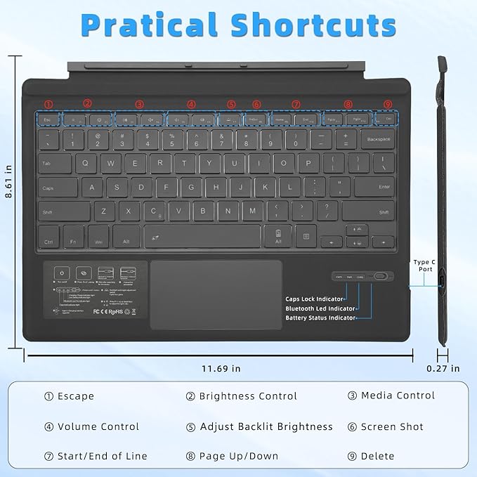 Surface Pro 7 Keyboard, Bluetooth Keyboard for Microsoft Surface Pro 7 Plus/ 7/6/ 5/4 /3, Multi-Gesture Touchpad, 7 Color Backlight, Magnetic Detachable