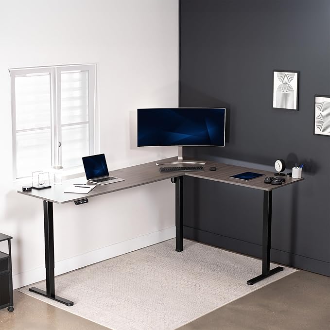VIVO Corner Standing Desk, 84 x 63 inch Reversible L-Shaped Workstation, Electric Height Adjustment, Home, Office, and Reception Rooms, Dark Gray Table Top Black Frame, DESK-E3CTBG-84