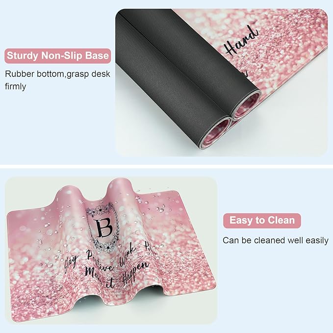 Pink Large Gaming Mouse Pad with Coaster, Desk Mat, Mouse Pad for Computer Keyboard Laptop Office Decor, Stitched Edges Extended Mousepad, 31.5'' x15.6'' -Letter B
