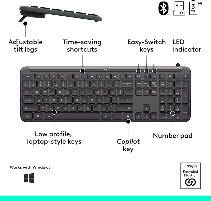 Logitech Signature Slim MK955 Combo for Business | Copilot Edition, Microsoft Copilot, Copilot in Windows, Wireless Keyboard and Mouse, Quiet Typing, Secure Receiver, Bluetooth, Windows - Graphite