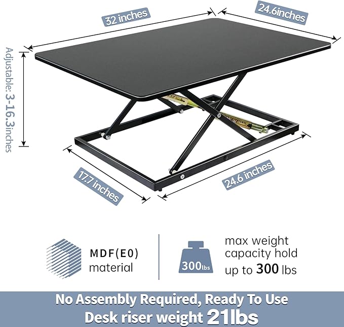32in Desk Riser for Standing or Sitting, Large Standing Desk Converter, Height Adjustable Sit Stand Desk Converter, Fully Assembled Monitor Laptop Riser Workstation for Home Office, Black